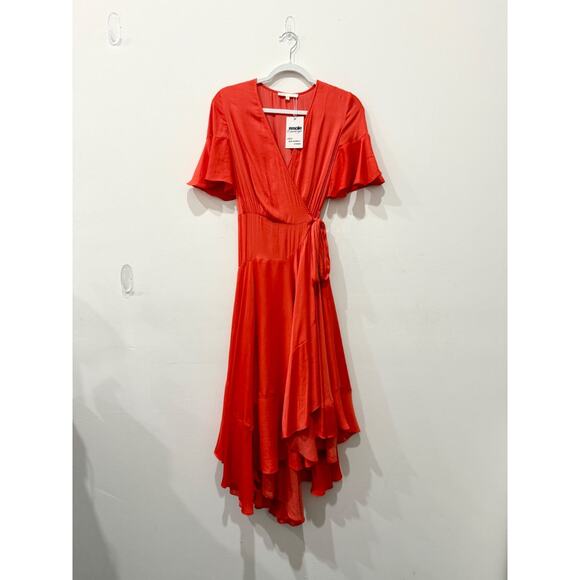 Maje Retta V-Neck Ruffle Asymmetric Midi Wrap Dress Orange Women's Size 1 / S - Picture 2 of 5